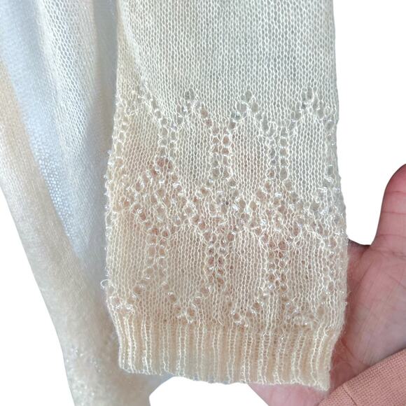 Express Lightweight Mohair Cardigan Women's M Cream Delicate Pearls 3/4 Sleeve - Picture 5 of 8